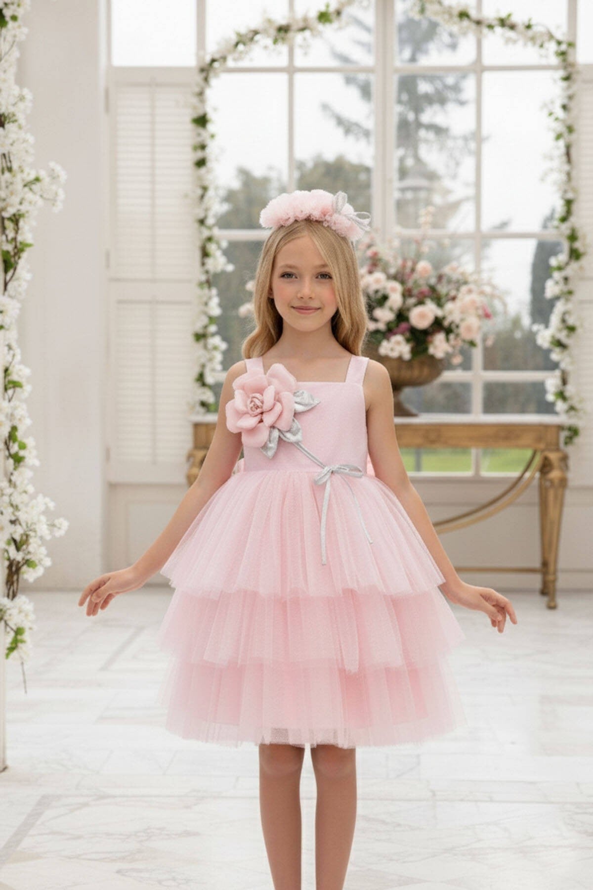 Pamina Kız Çocuk 3-7 Yaş Üç Boyutlu Çiçek Desenli Taçlı Tütü Elbise Pembe
