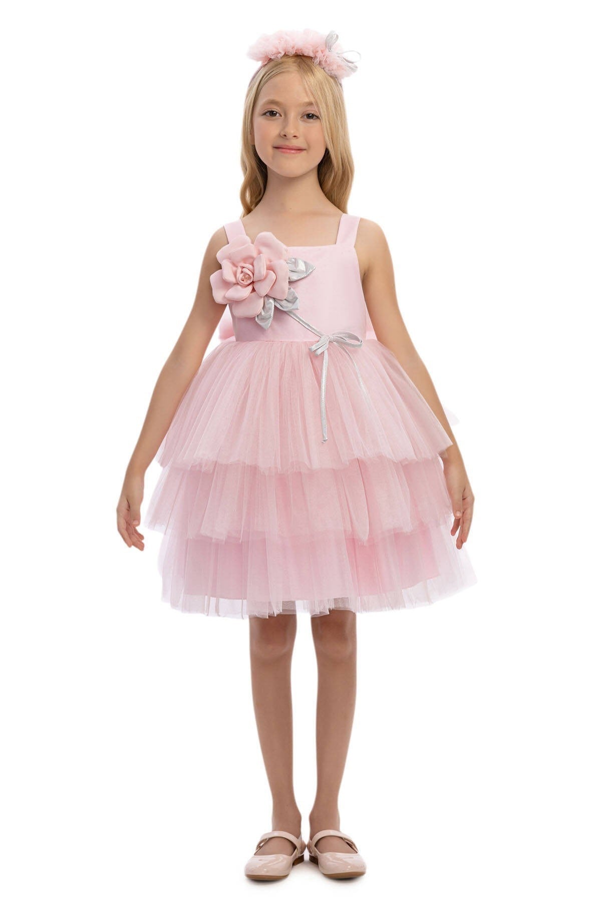 Pamina Kız Çocuk 3-7 Yaş Üç Boyutlu Çiçek Desenli Taçlı Tütü Elbise Pembe