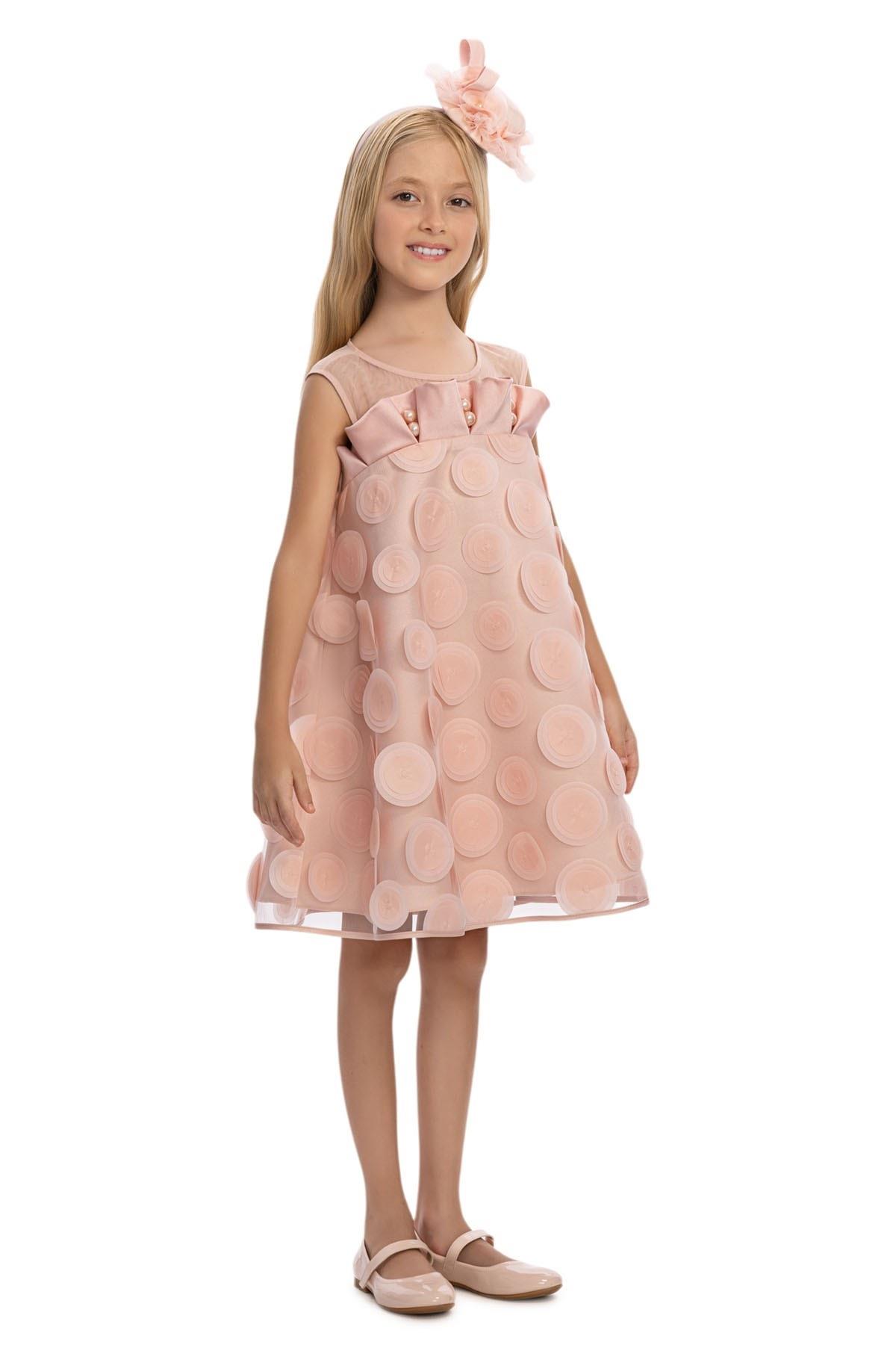 Pamina Kız Çocuk 3-7 Yaş Üç Boyutlu Desen Taçlı Elbise Pudra