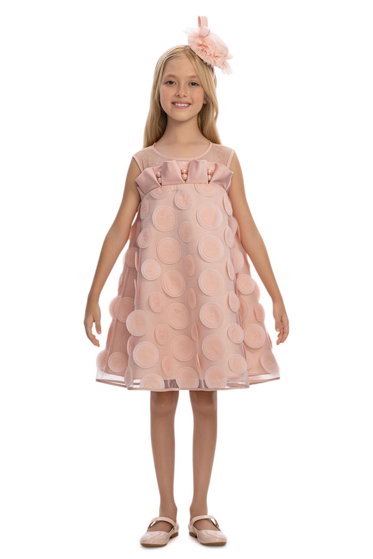 Pamina Kız Çocuk 3-7 Yaş Üç Boyutlu Desen Taçlı Elbise Pudra