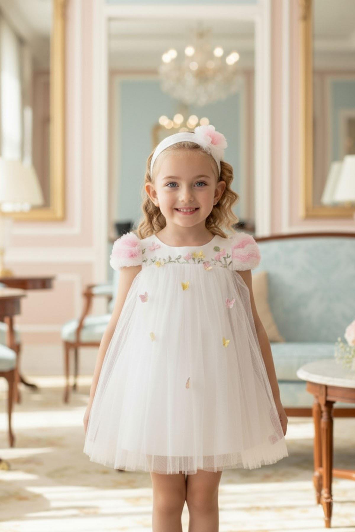 Pamina Kız Çocuk 6-24 Ay Saç Aksesuarlı Çiçekli Elbise Ekru