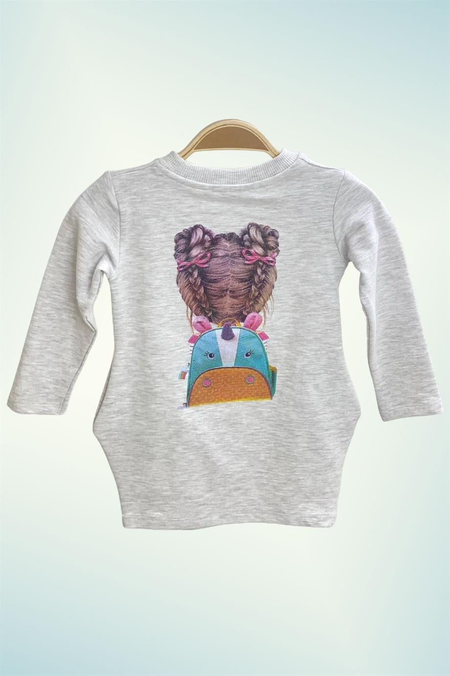 Pop Fashion Kız Çocuk Baskılı Cepli Elbise 6750 Gri