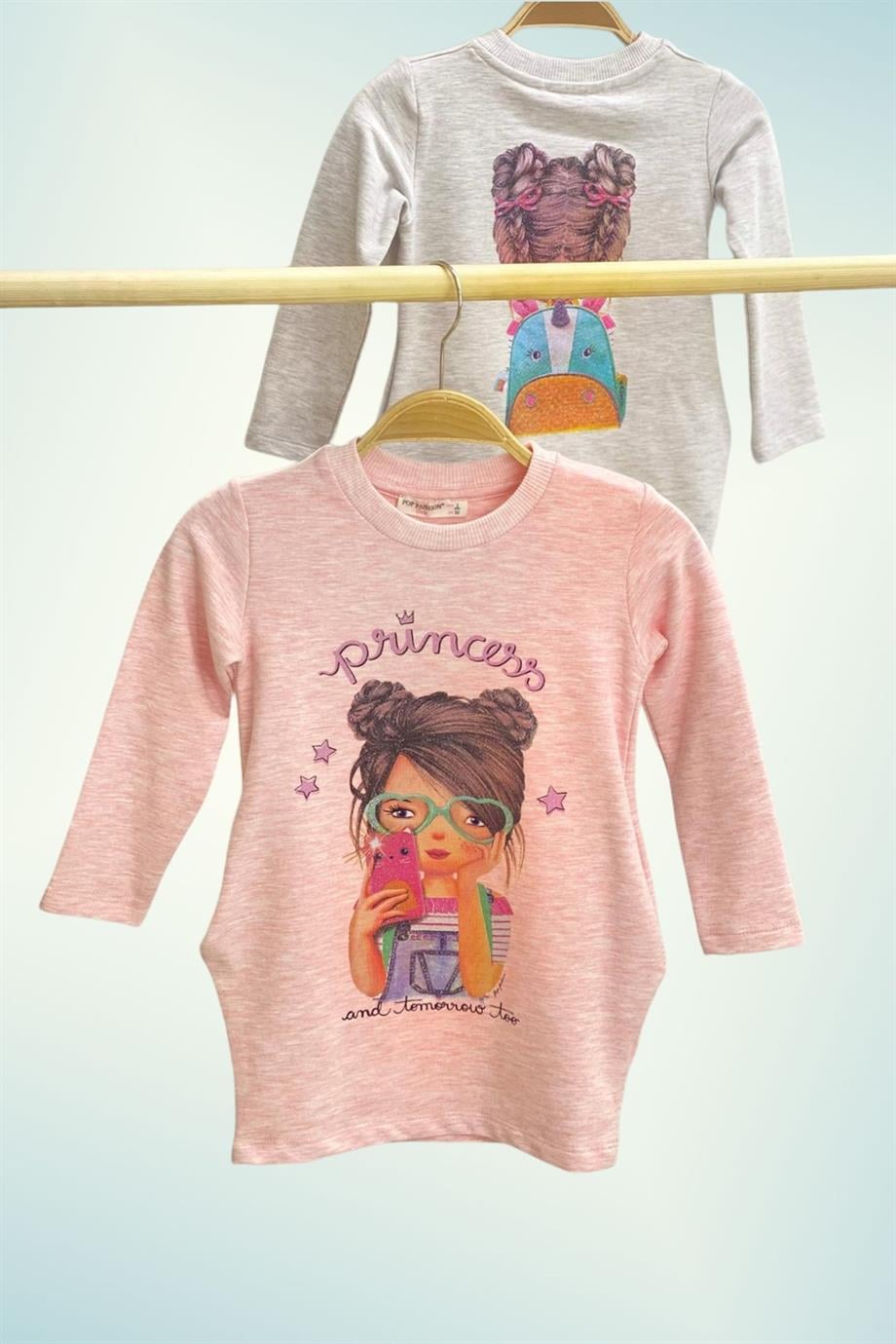 Pop Fashion Kız Çocuk Baskılı Cepli Elbise 6750 Gri