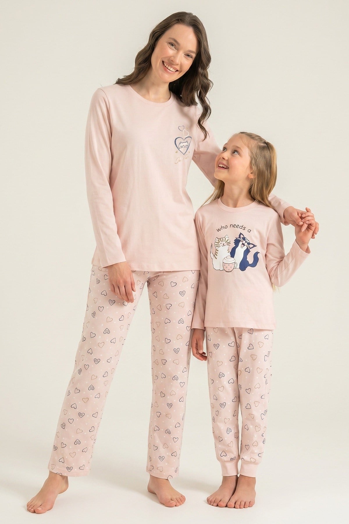 Rolypoly Kız Çocuk 9-14 Yaş Anne- Kız Desenli Pijama Takımı Pudra