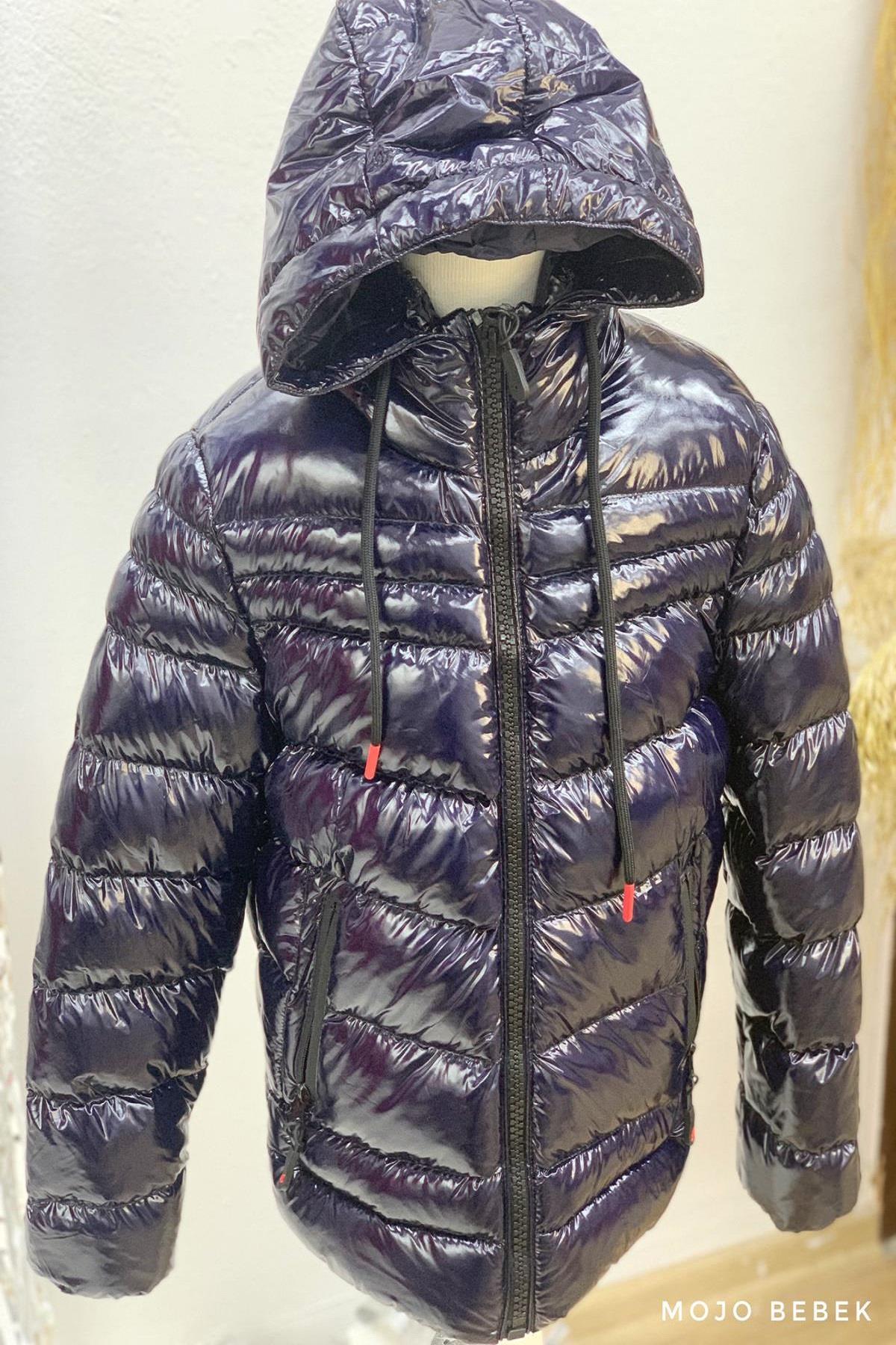 Stil-İst Unisex Çocuk Kapüşonlu Parlak Mont 7101 Lacivert