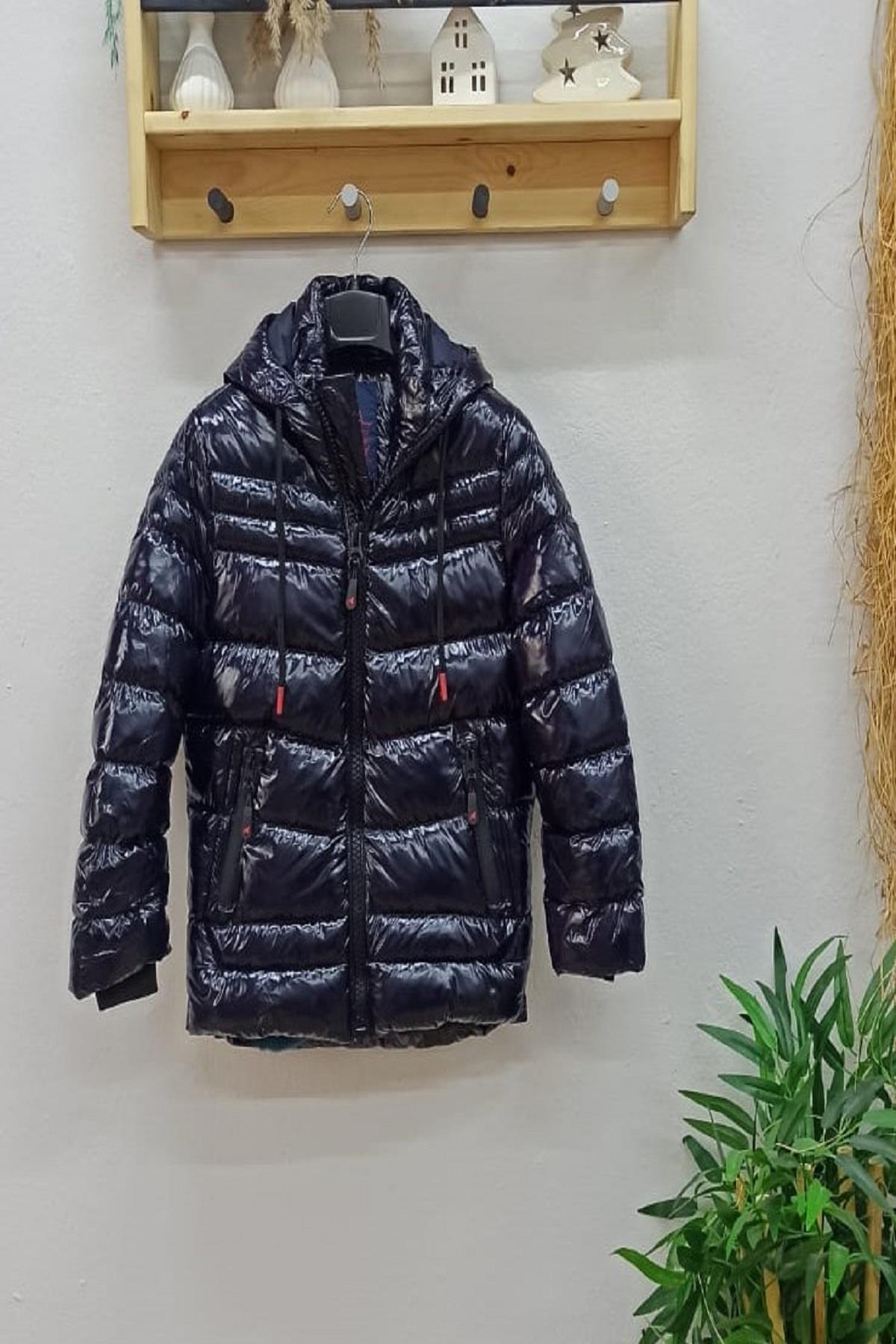 Stil-İst Unisex Çocuk Kapüşonlu Parlak Mont 7101 Lacivert