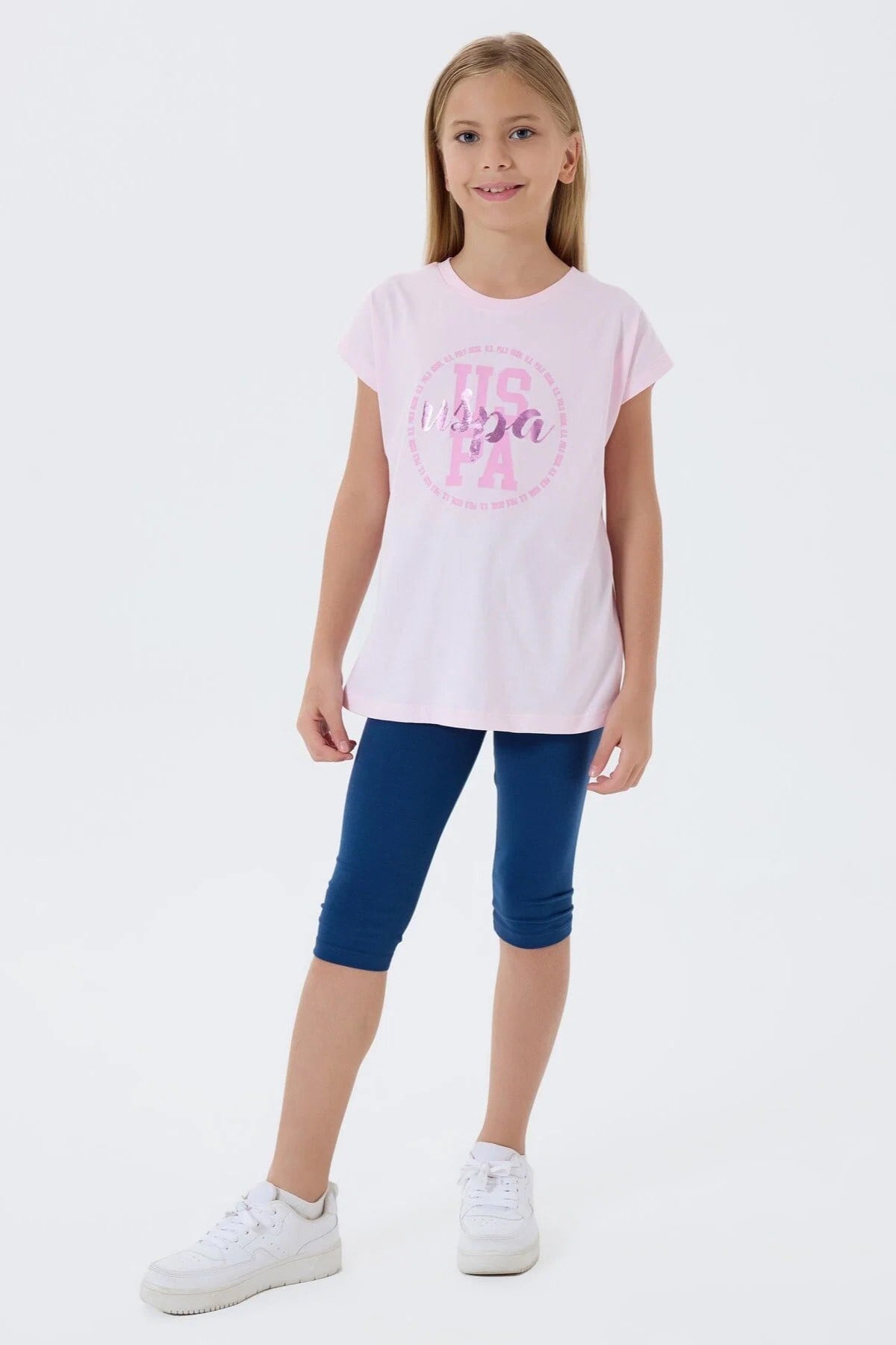 U.S. Polo Kız Çocuk 4-15 Yaş Desenli İkili Taytlı Takım Pudra