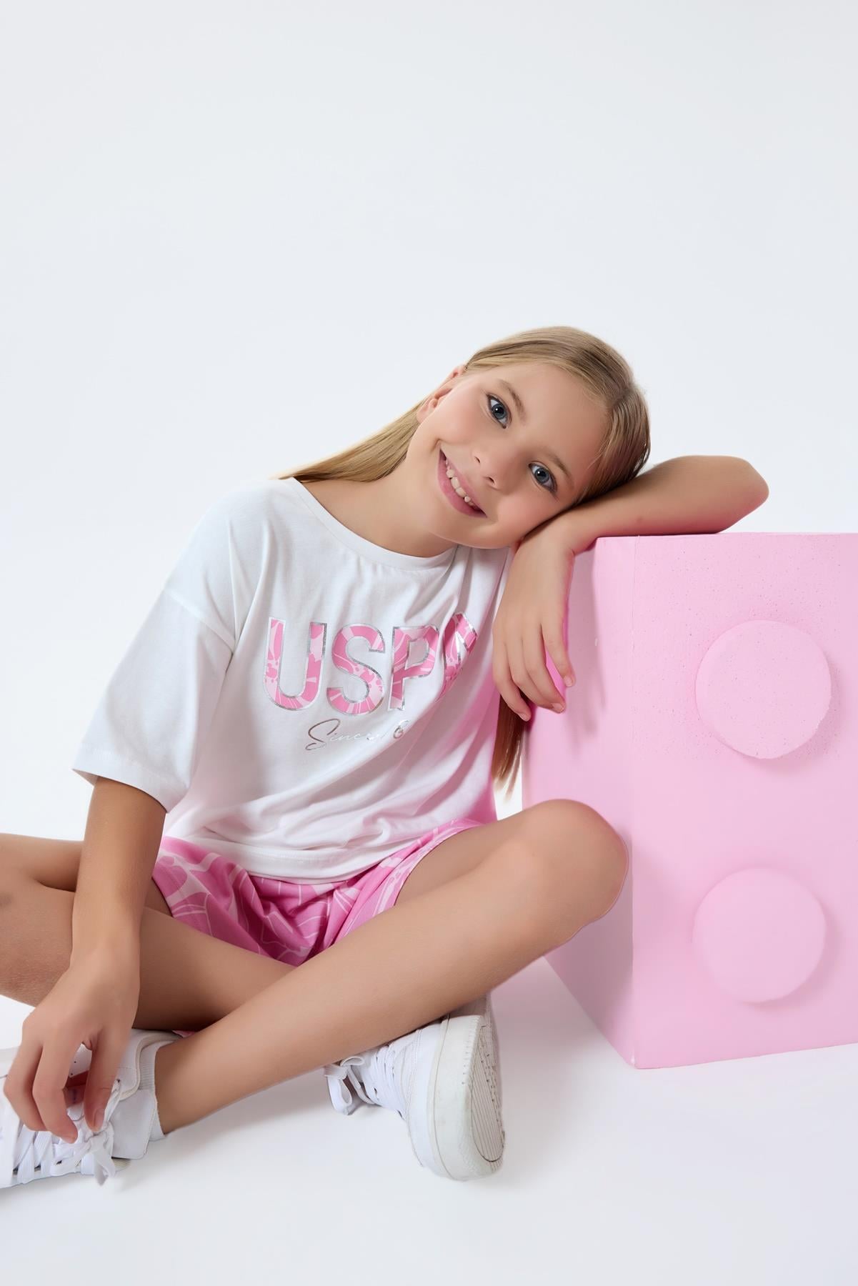 U.S. Polo Kız Çocuk 4-15 Yaş Logo Baskılı İkili Şortlu Takım Pembe