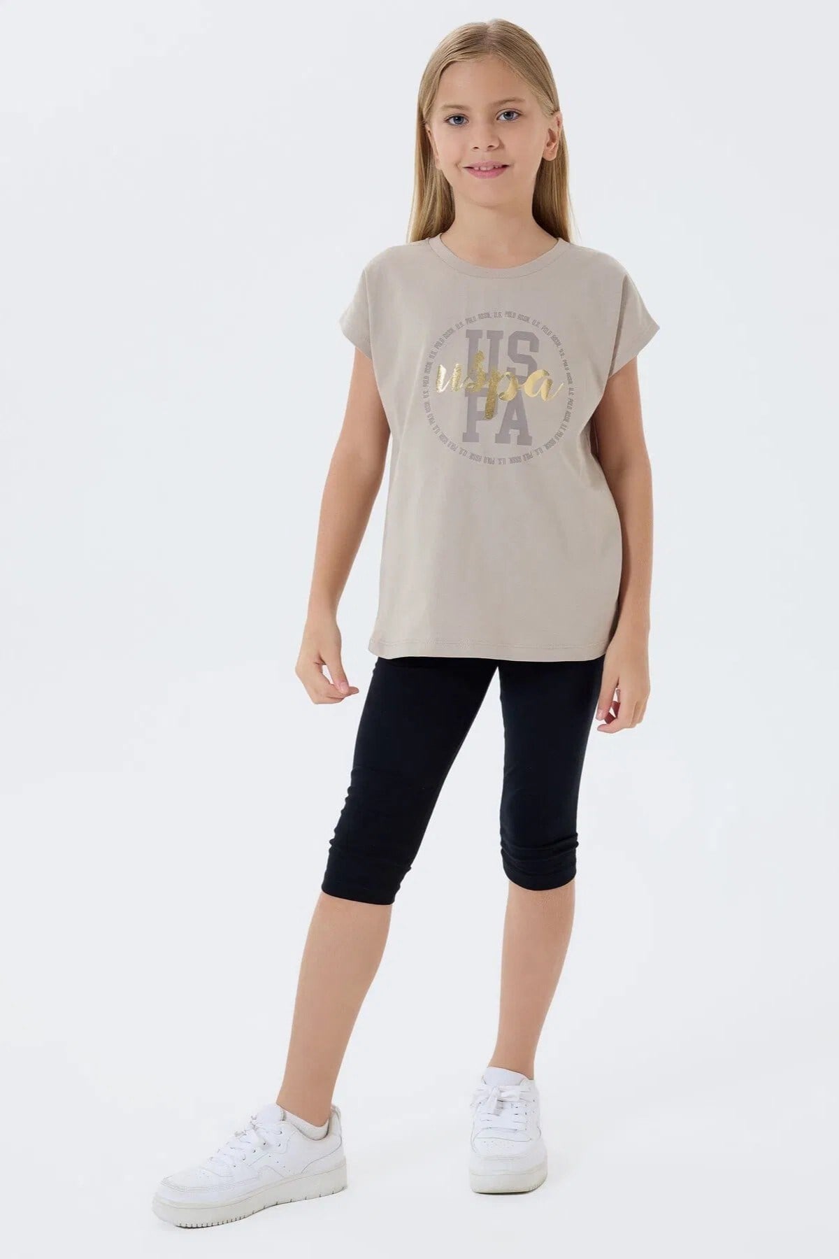 U.S. Polo Kız Çocuk 4-15 Yaş Desenli İkili Taytlı Takım Taş Rengi