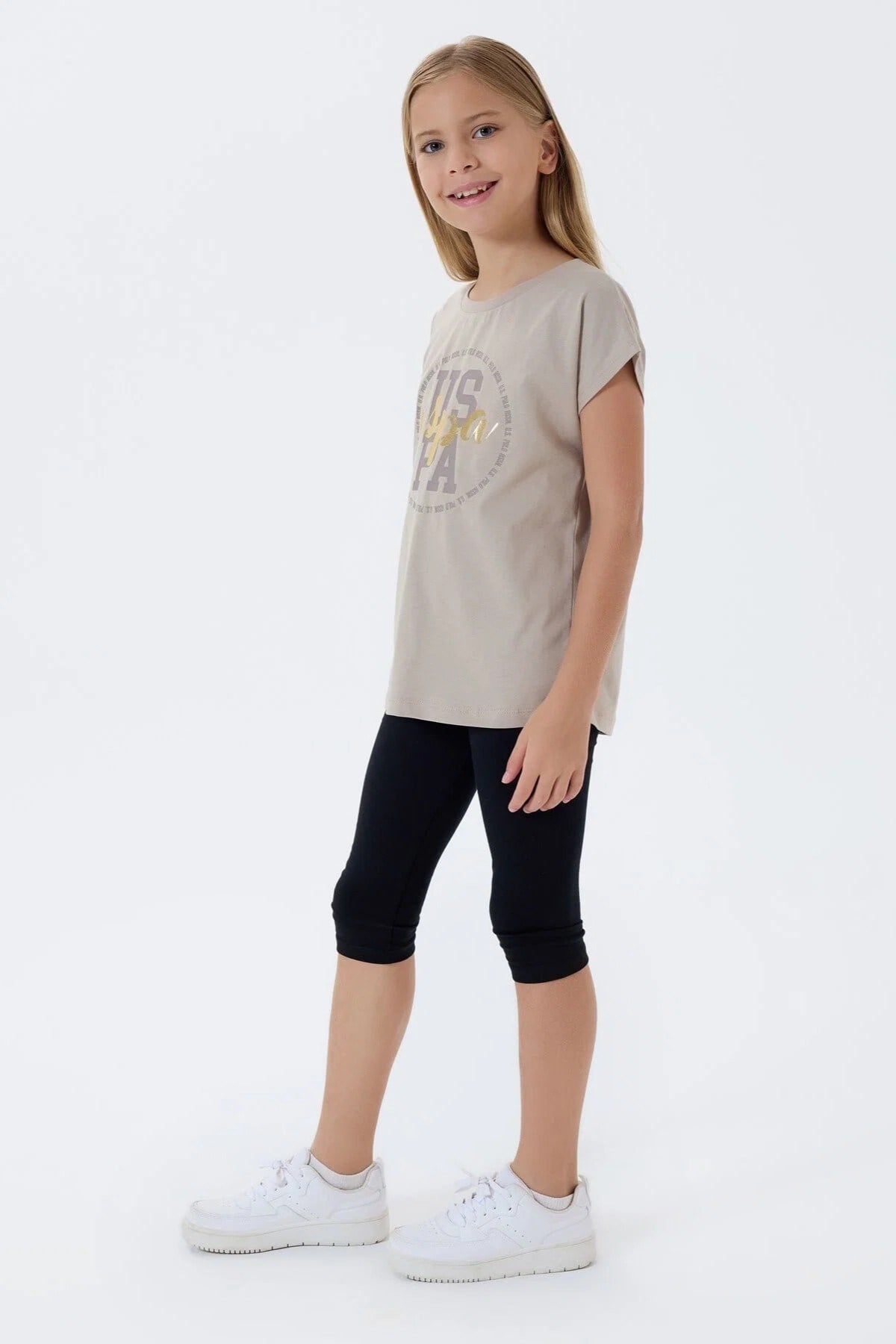 U.S. Polo Kız Çocuk 4-15 Yaş Desenli İkili Taytlı Takım Taş Rengi