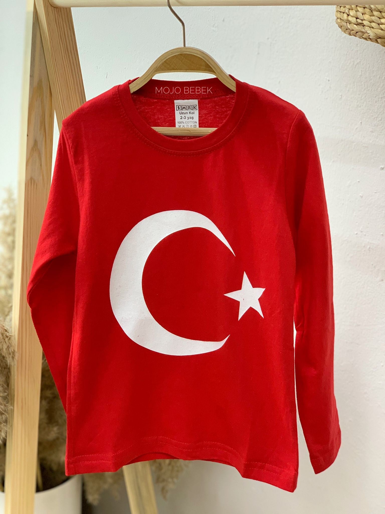 Unisex Çocuk 6-13 Yaş Türk Bayraklı Uzun Kol T-shirt Kırmızı