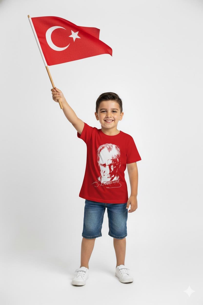 Unisex Çocuk Atatürk Baskılı Kısa Kol T-shirt 9034 Kırmızı