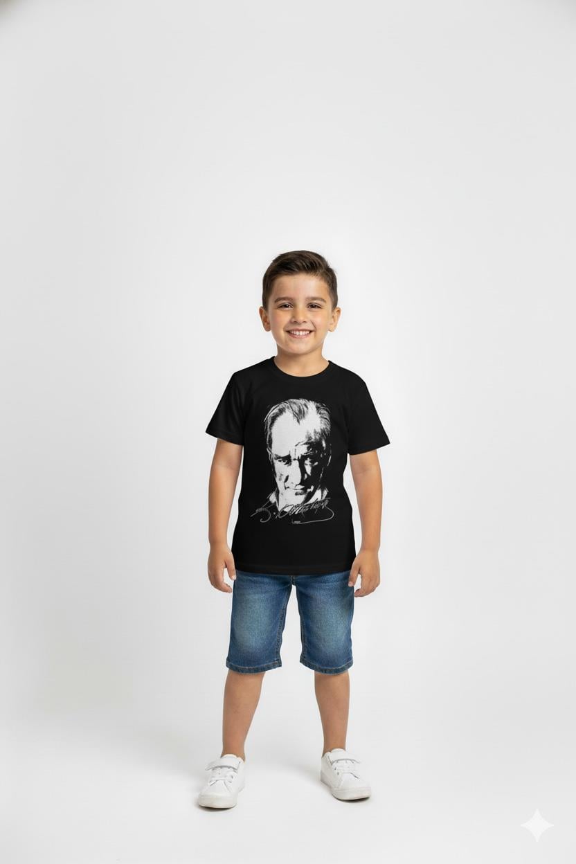 Unisex Çocuk Atatürk Baskılı Kısa Kol T-shirt 9034 Siyah