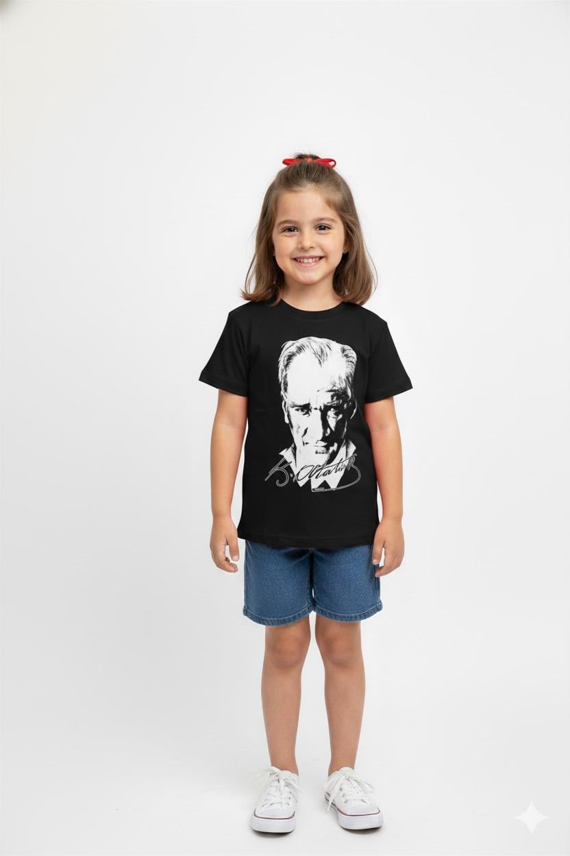 Unisex Çocuk Atatürk Baskılı Kısa Kol T-shirt 9034 Siyah