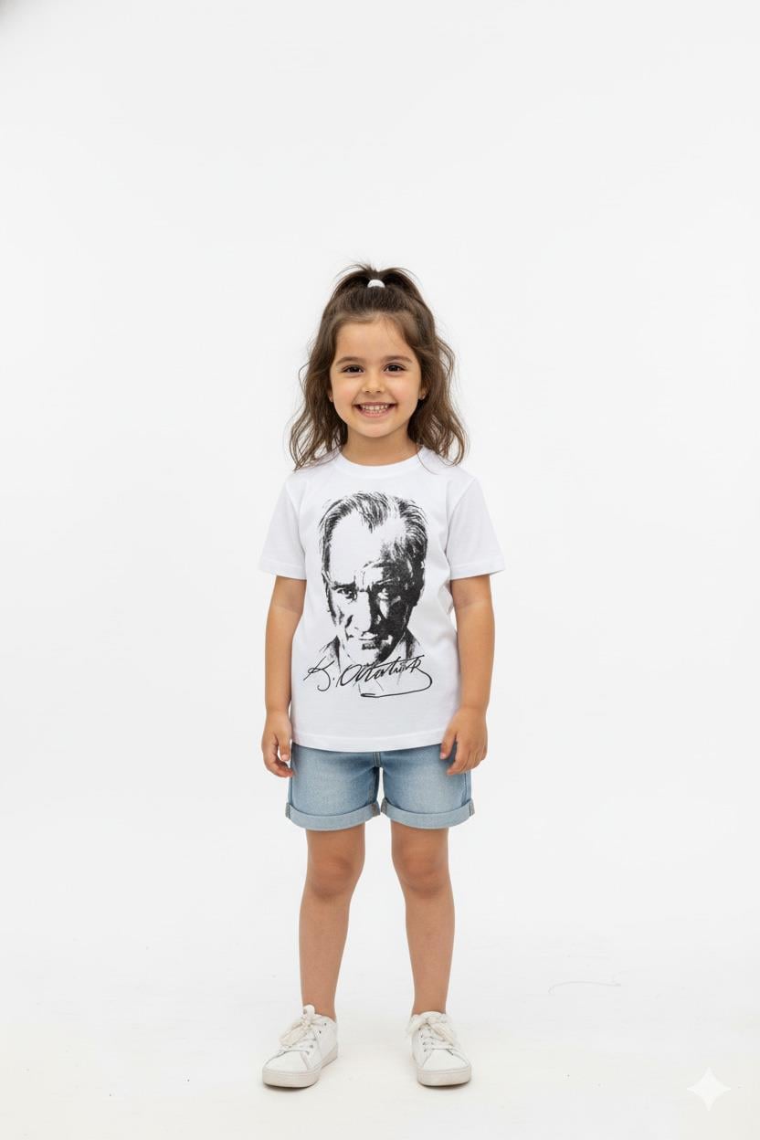 Unisex Garson Çocuk Atatürk Baskılı Kısa Kol T-shirt 9435 Beyaz