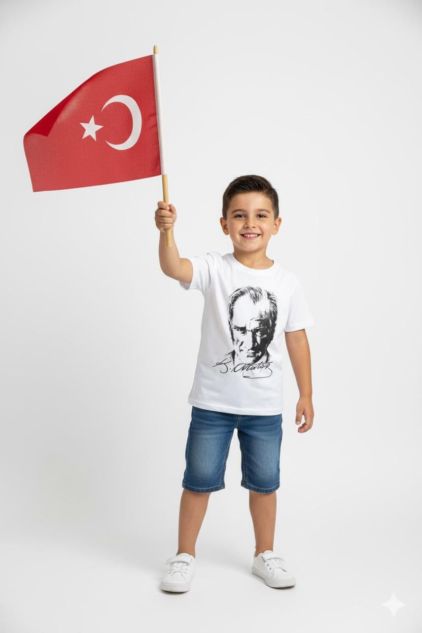 Unisex Garson Çocuk Atatürk Baskılı Kısa Kol T-shirt 9435 Beyaz