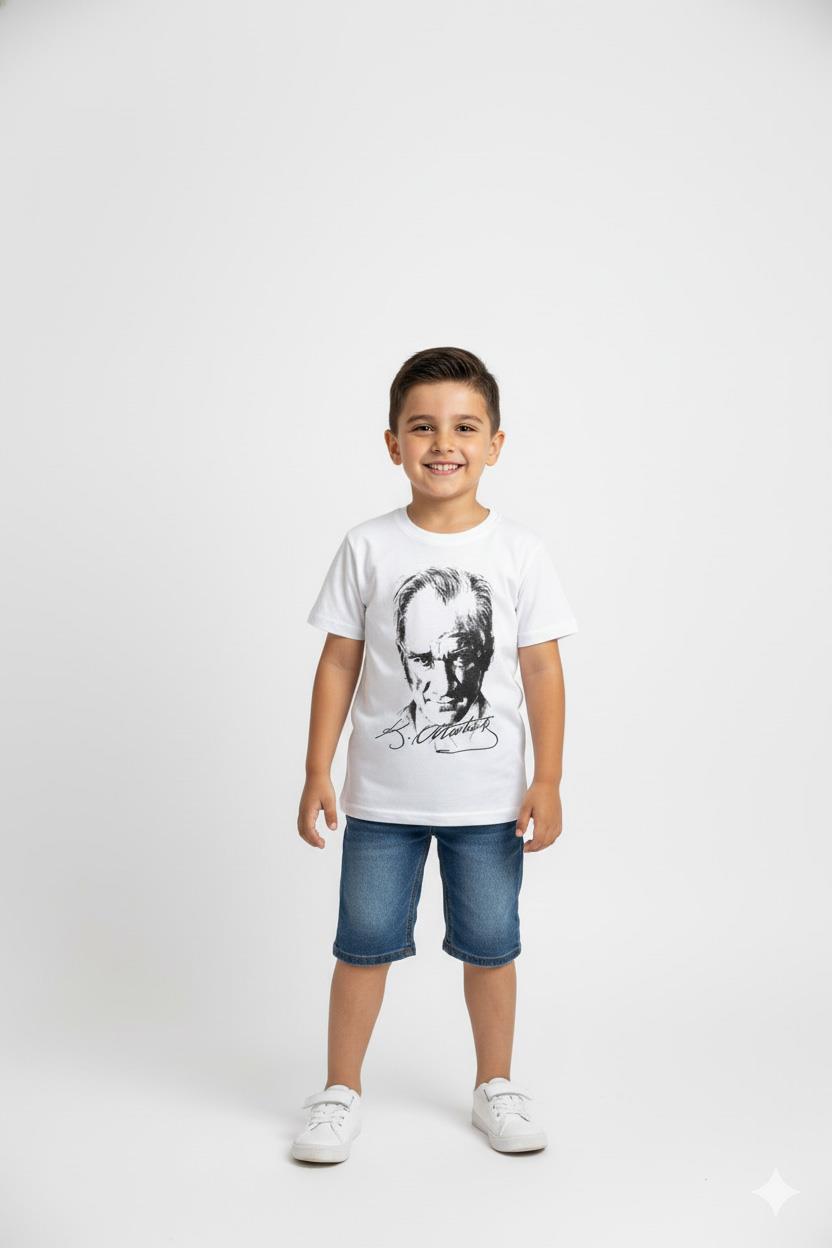 Unisex Garson Çocuk Atatürk Baskılı Kısa Kol T-shirt 9435 Beyaz