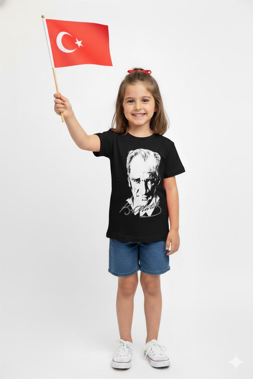 Unisex Garson Çocuk Atatürk Baskılı Kısa Kol T-shirt 9435 Siyah