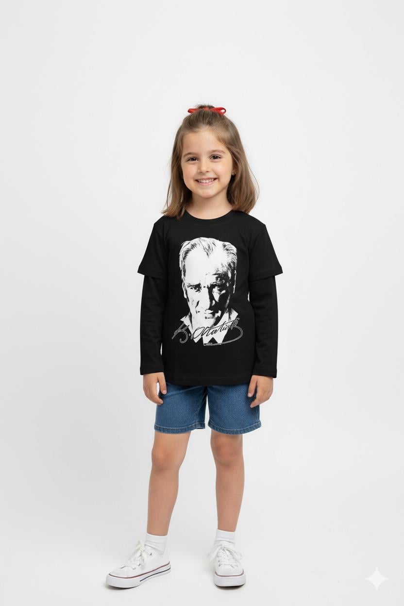 Unisex Garson Çocuk Atatürk Baskılı Uzun Kol T-shirt 9033 Siyah