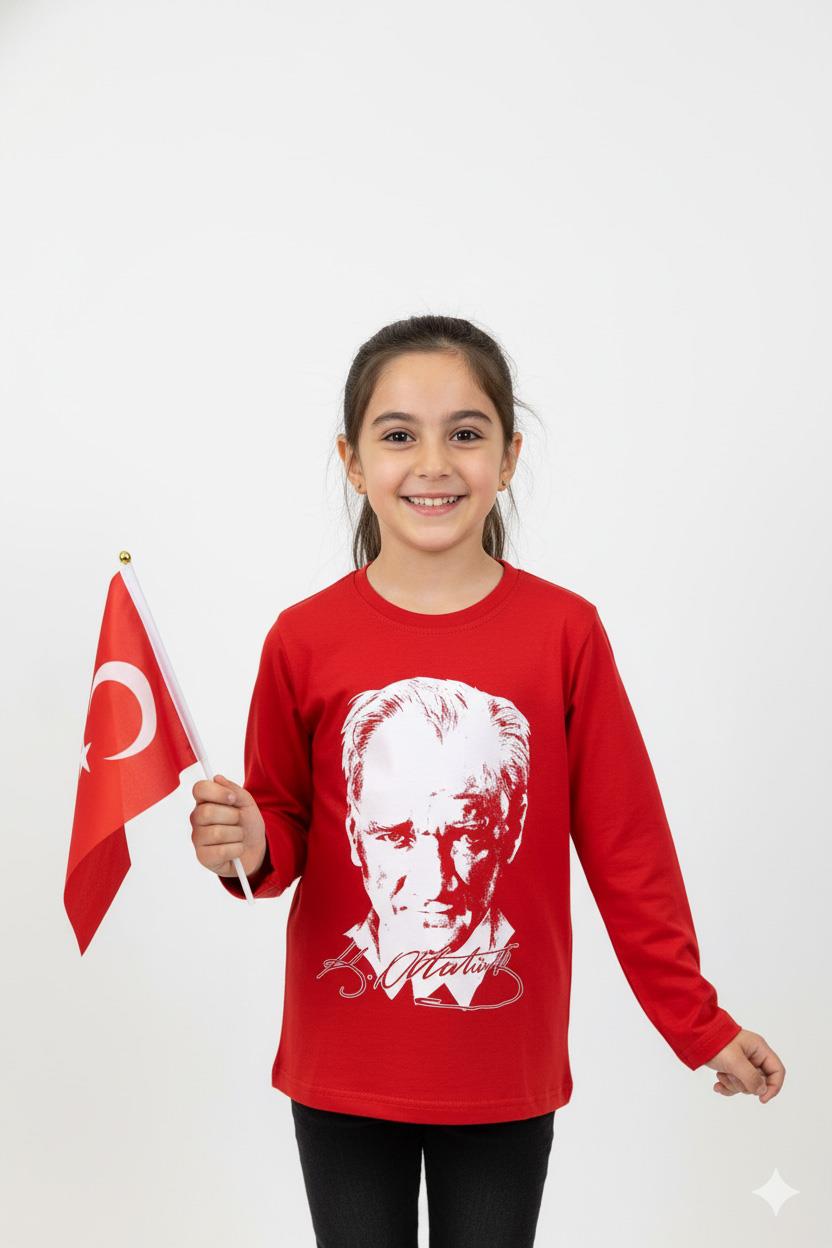 Unisex Garson Çocuk Atatürk Baskılı Uzun Kol T-shirt 9033 Kırmızı