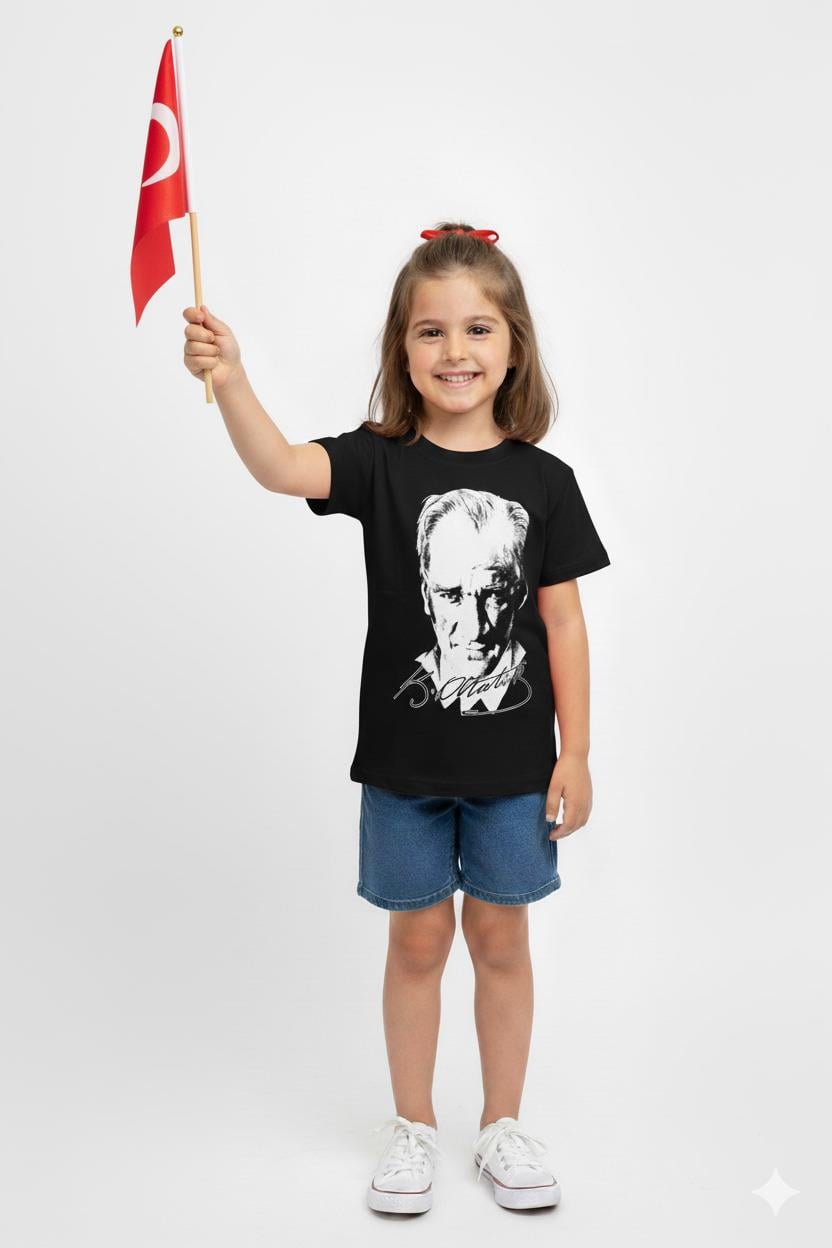 Unisex Garson Çocuk Atatürk Baskılı Uzun Kol T-shirt 9033 Siyah
