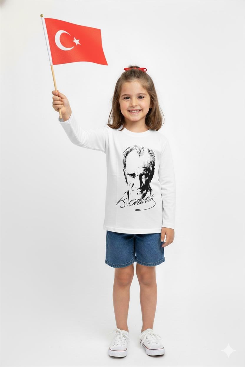 Unisex Garson Çocuk Atatürk Baskılı Uzun Kol T-shirt 9033 Beyaz