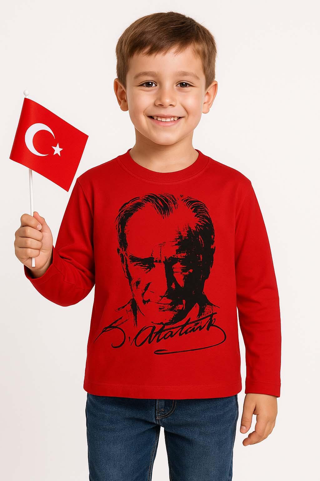 Unisex Garson Çocuk Atatürk Baskılı Uzun Kol T-shirt 9033 Siyah-Kırmızı