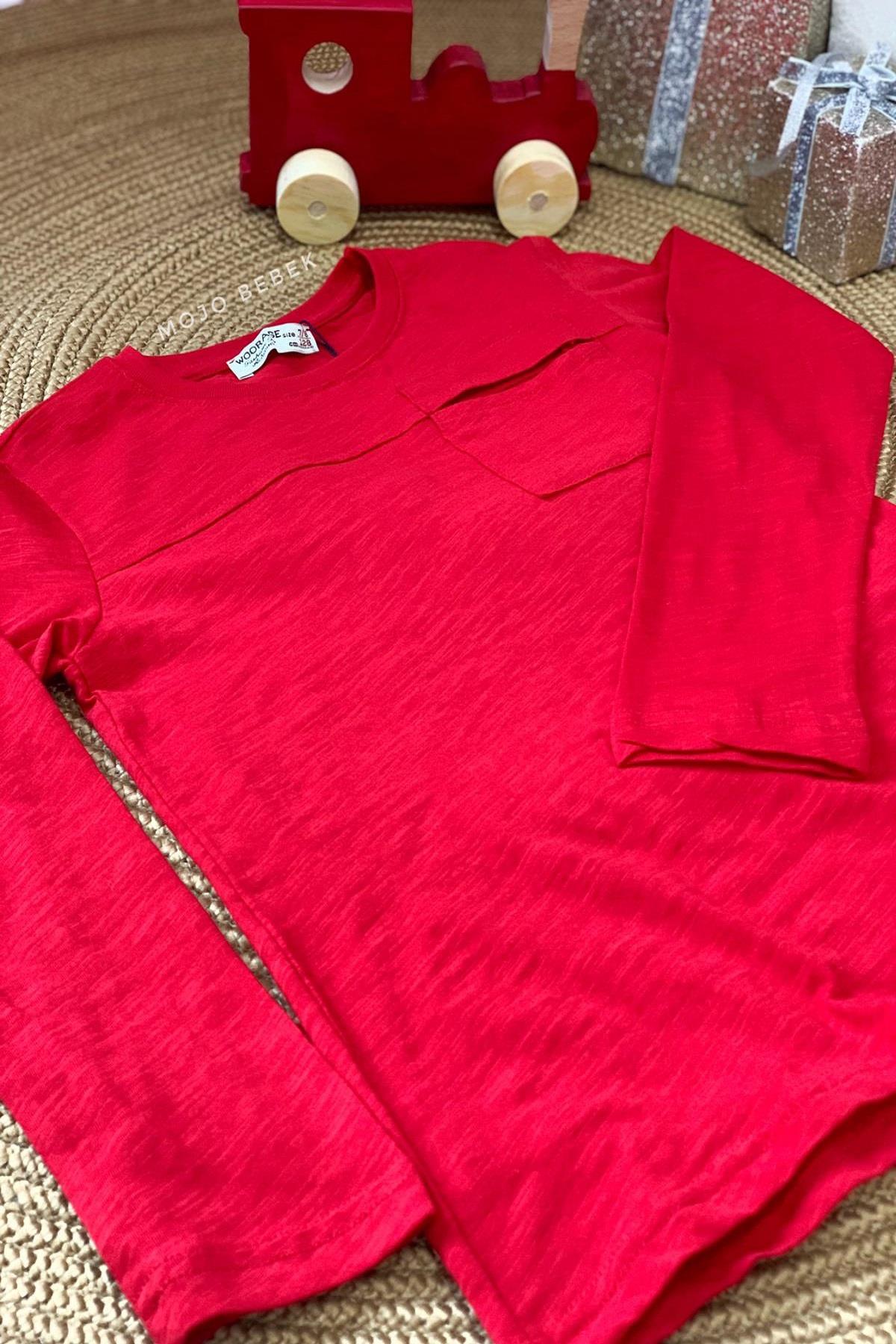 Woorage Erkek Çocuk Basic Cepli Uzun Kol T-shirt 1080 Kırmızı