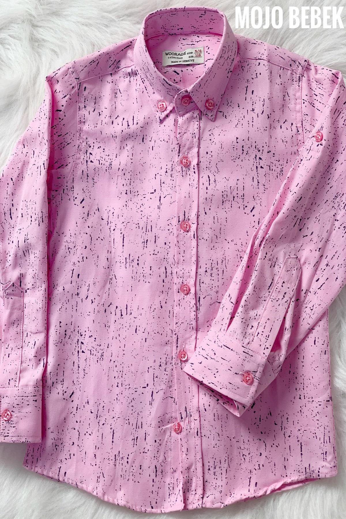Woorage Erkek Çocuk Desenli Katlamalı Kol Gömlek 3800 Pembe