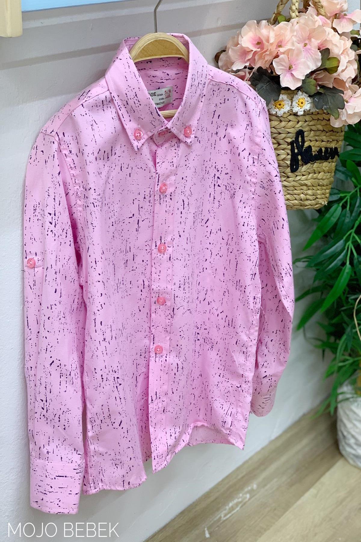 Woorage Erkek Çocuk Desenli Katlamalı Kol Gömlek 3800 Pembe