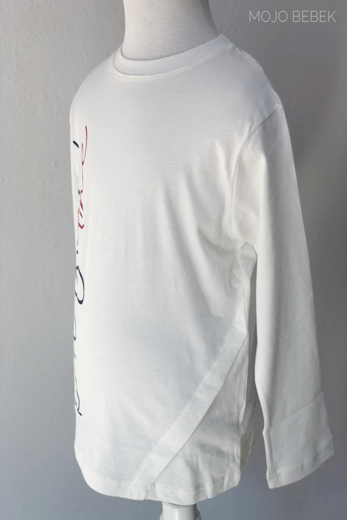 Woorage Erkek Çocuk Yazılı İnce Uzun Kol T-shirt 5051 Beyaz