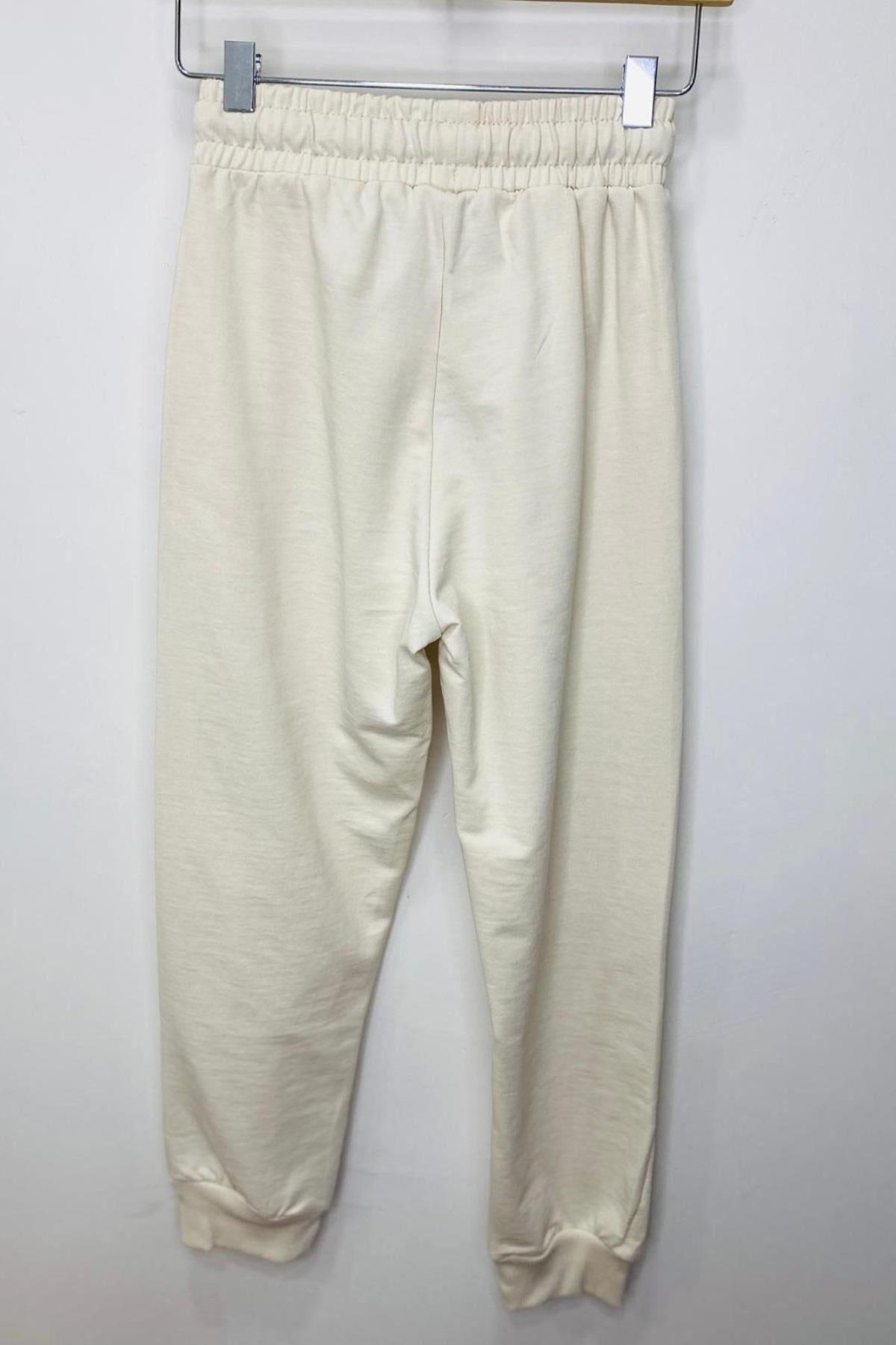 Woorage Unisex Çocuk Paçası Lastikli Eşofman Altı 5423 Krem
