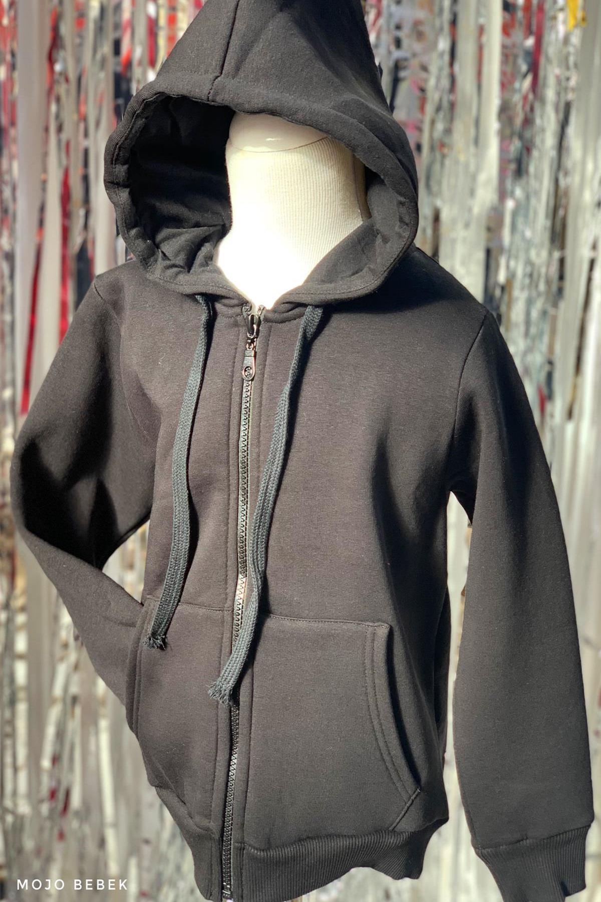 Woorage Unisex 5-14 Yaş Kapüşonlu Şardonlu Hırka Siyah
