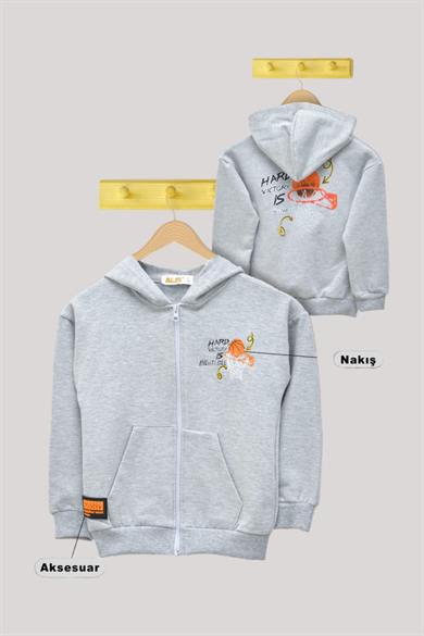 ALG Erkek Çocuk 3-7 Yaş Basket Desenli Kapüşonlu Hırka 224419 Gri