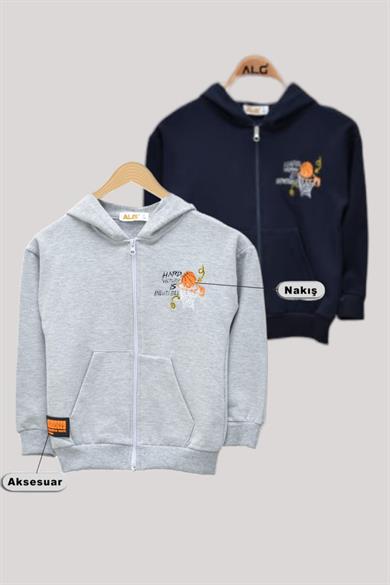 ALG Erkek Çocuk 3-7 Yaş Basket Desenli Kapüşonlu Hırka 224419 Gri