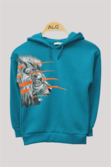 ALG Erkek Çocuk Aslanlı Şardonlu Kapüşonlu Sweatshirt 223649 Zümrüt Yeşil