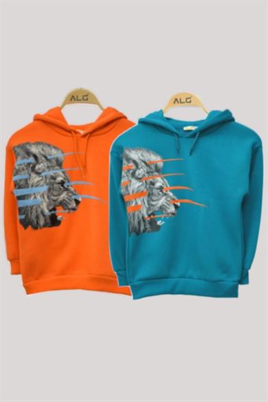 ALG Erkek Çocuk Aslanlı Şardonlu Kapüşonlu Sweatshirt 223649 Zümrüt Yeşil
