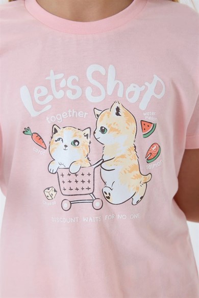 Arnetta Kız Çocuk 2-14 Yaş Kedi Baskılı Kısa Kol Pijama Takımı Pembe