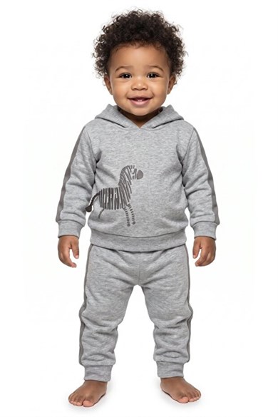 BabyCosy Erkek Bebek 3-24 Ay Zebra Desenli Kapüşonlu Eşofman Takımı Gri