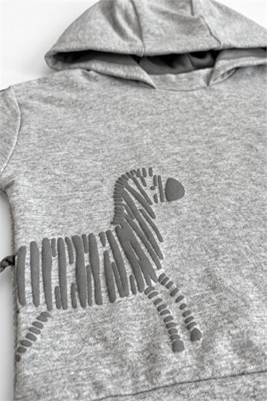 BabyCosy Erkek Bebek 3-24 Ay Zebra Desenli Kapüşonlu Eşofman Takımı Gri