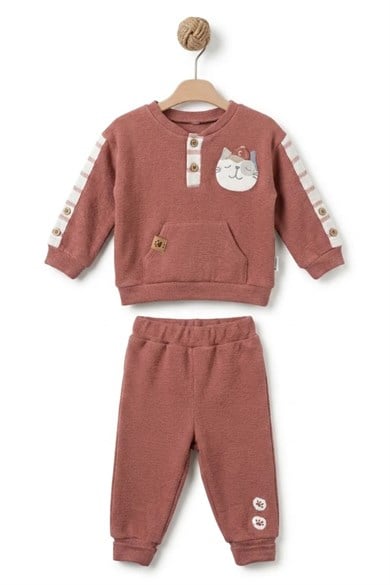 BabyCosy Unisex Bebek 3-24 Ay Kedi Desenli Eşofman Takımı Kiremit