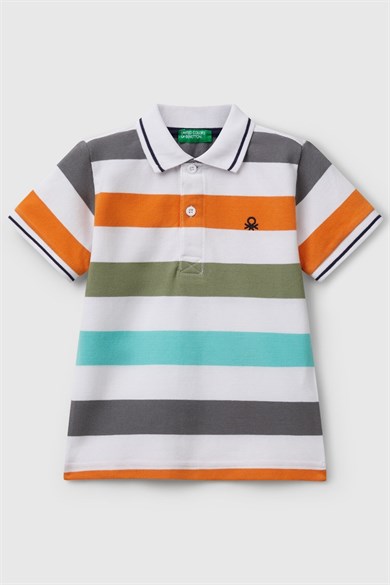 Benetton 1-6 Yaş  Erkek Bebek Çizgili Polo Yaka Kısa Kol T-shirt Turuncu