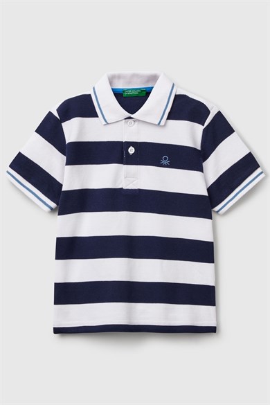 Benetton 1-6 Yaş  Erkek Bebek Çizgili Polo Yaka Kısa Kol T-shirt Lacivert