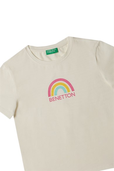 Benetton 4-14 Yaş Kız Çocuk  Gökkuşağı Baskılı Kısa Kol T-Shirt Beyaz