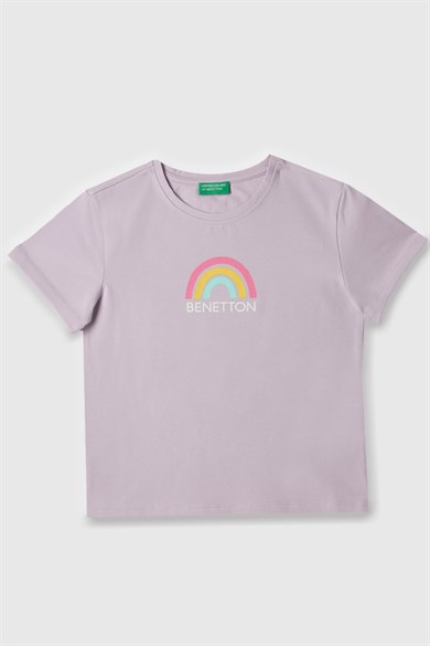Benetton 4-14 Yaş Kız Çocuk  Gökkuşağı Baskılı Kısa Kol T-Shirt Lila