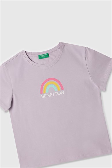 Benetton 4-14 Yaş Kız Çocuk  Gökkuşağı Baskılı Kısa Kol T-Shirt Lila