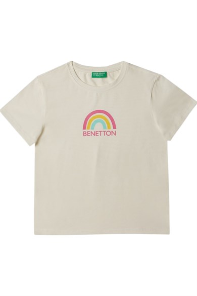 Benetton 4-14 Yaş Kız Çocuk  Gökkuşağı Baskılı Kısa Kol T-Shirt Beyaz