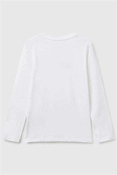 Benetton 6-14 Yaz Kız Çocuk Beyaz Simli Logo Baskılı Pamuklu T-Shirt Beyaz