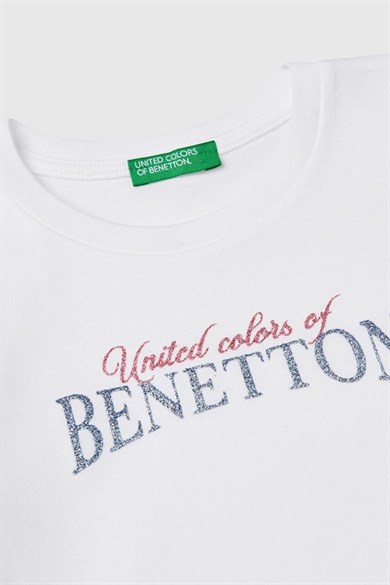 Benetton 6-14 Yaz Kız Çocuk Beyaz Simli Logo Baskılı Pamuklu T-Shirt Beyaz