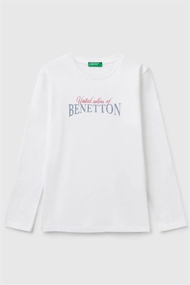 Benetton 6-14 Yaz Kız Çocuk Beyaz Simli Logo Baskılı Pamuklu T-Shirt Beyaz